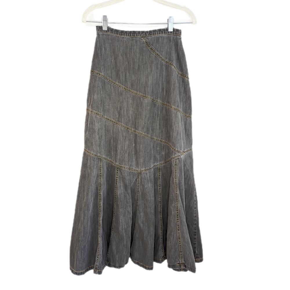 Early 2000s High Rise Grey Wash Denim Grunge Fit & Flare Maxi Skirt